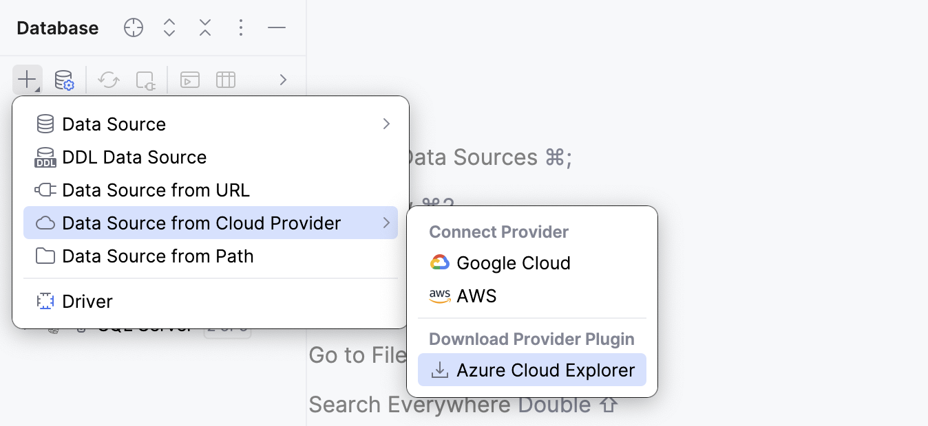 Selecting the Azure cloud provider plugin to download in Database Explorer Selecting the Azure cloud provider plugin to download in Database Explorer