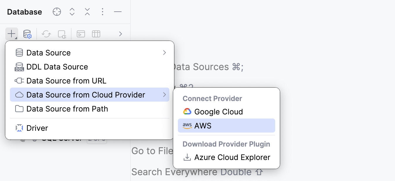 Selecting AWS from the cloud provider submenu in Database Explorer Selecting AWS from the cloud provider submenu in Database Explorer