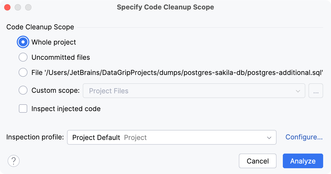 the Specify Code Cleanup Scope dialog the Specify Code Cleanup Scope dialog