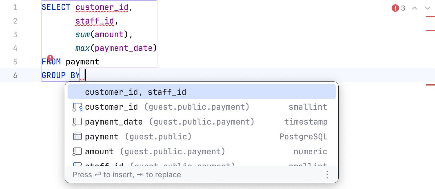 Example of the INSERT statement completion Example of the INSERT statement completion