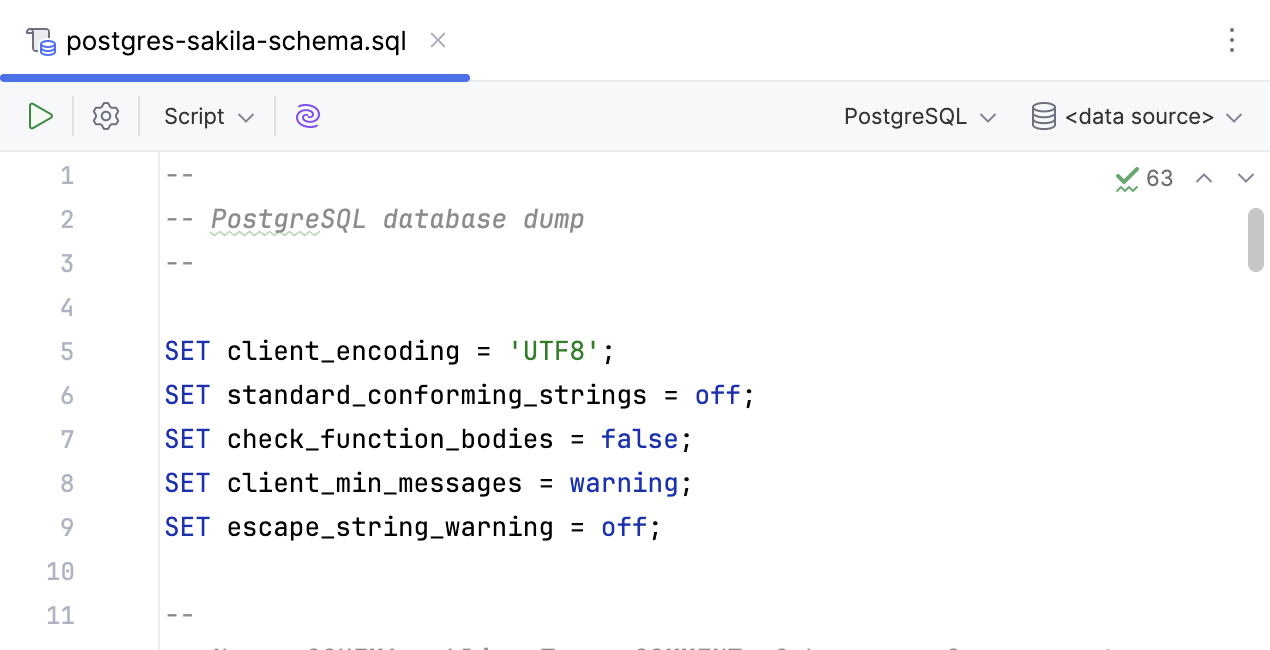 SQL file in a code editor tab SQL file in a code editor tab