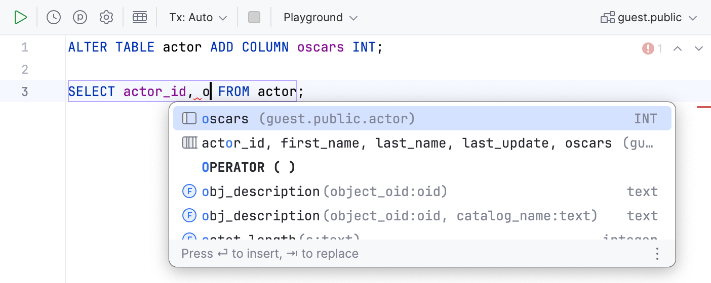 Example of the ALTER statement completion Example of the ALTER statement completion