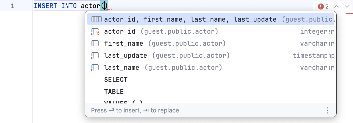Example of the INSERT statement completion Example of the INSERT statement completion