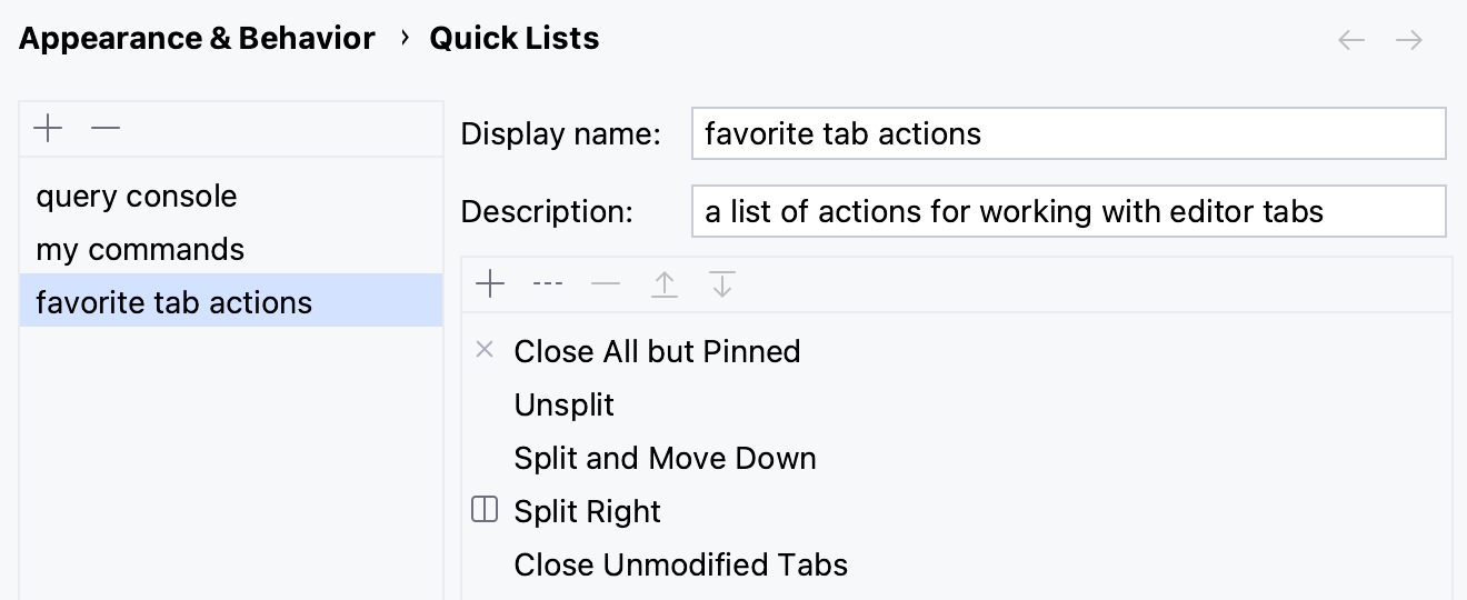 the Quick lists settings the Quick lists settings
