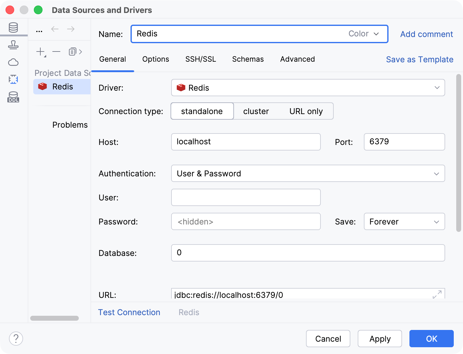 Redis data source settings with a bundled driver Redis data source settings with a bundled driver