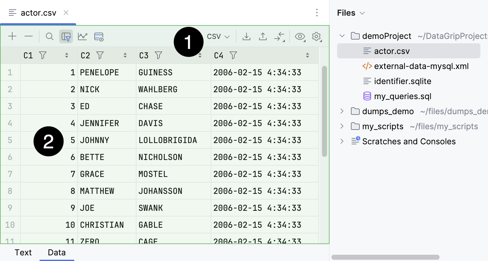 Data editor tab in a delimiter-separated values file editor Data editor tab in a delimiter-separated values file editor