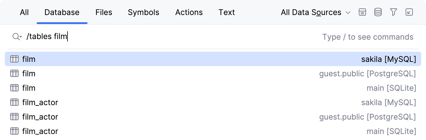the Search Everywhere results filtered by database object type and name the Search Everywhere results filtered by database object type and name