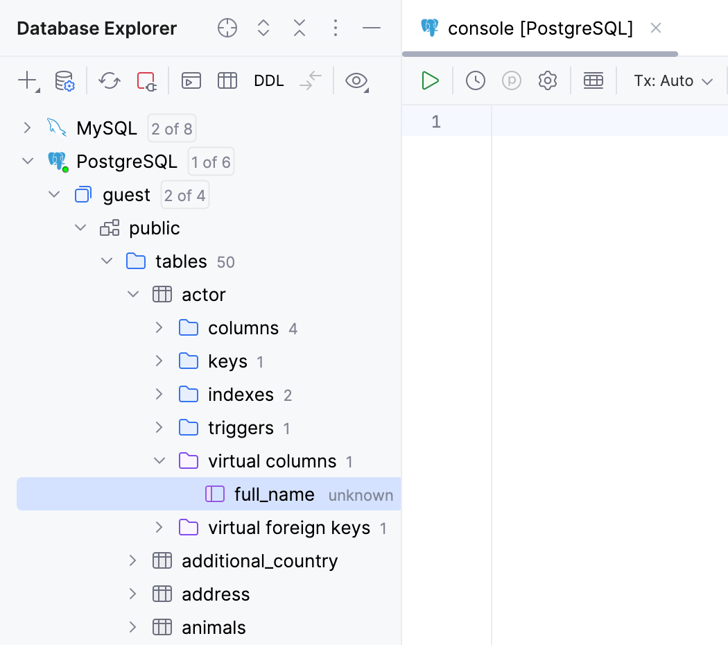 Virtual columns in Database Explorer Virtual columns in Database Explorer