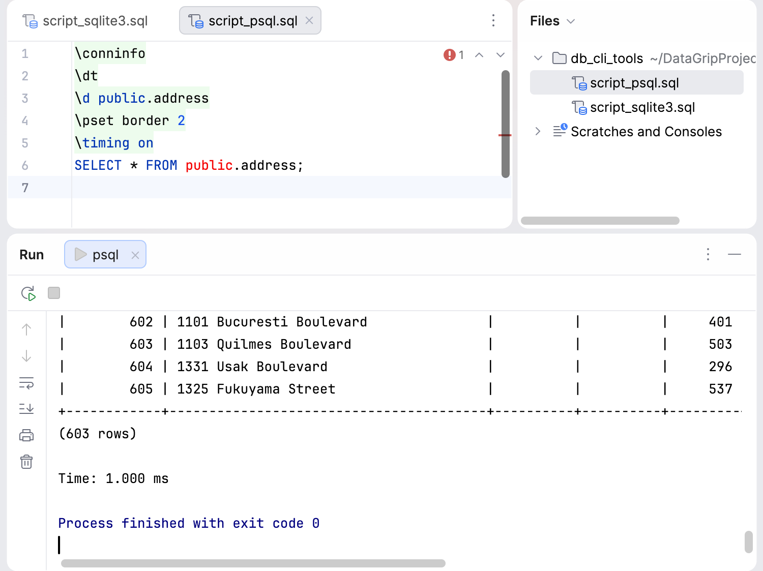 psql output in the IDE psql output in the IDE