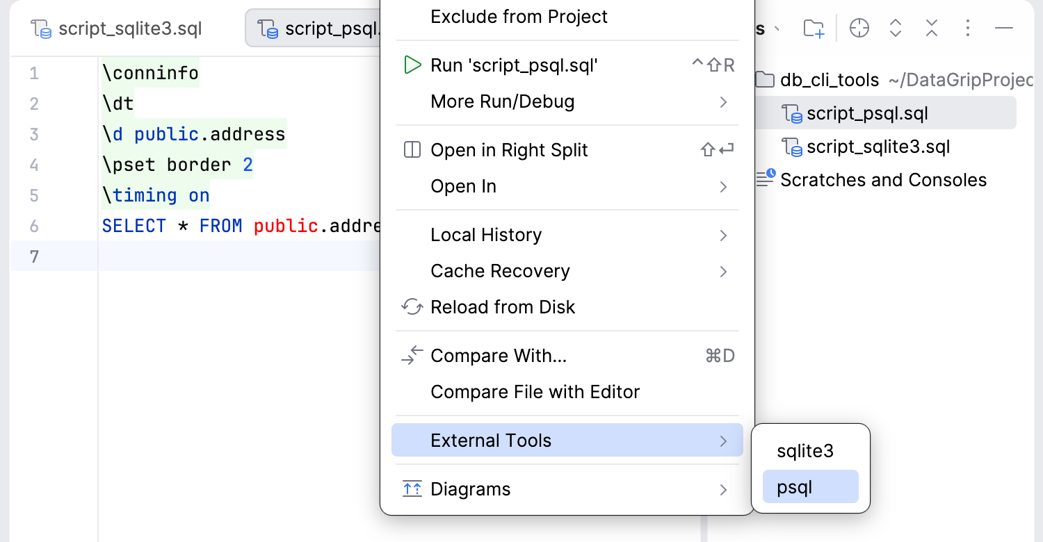 Run psql from the context menu Run psql from the context menu