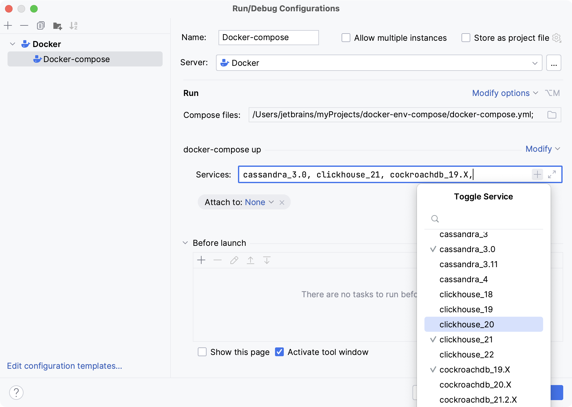 Docker Compose run configuration dialog Docker Compose run configuration dialog