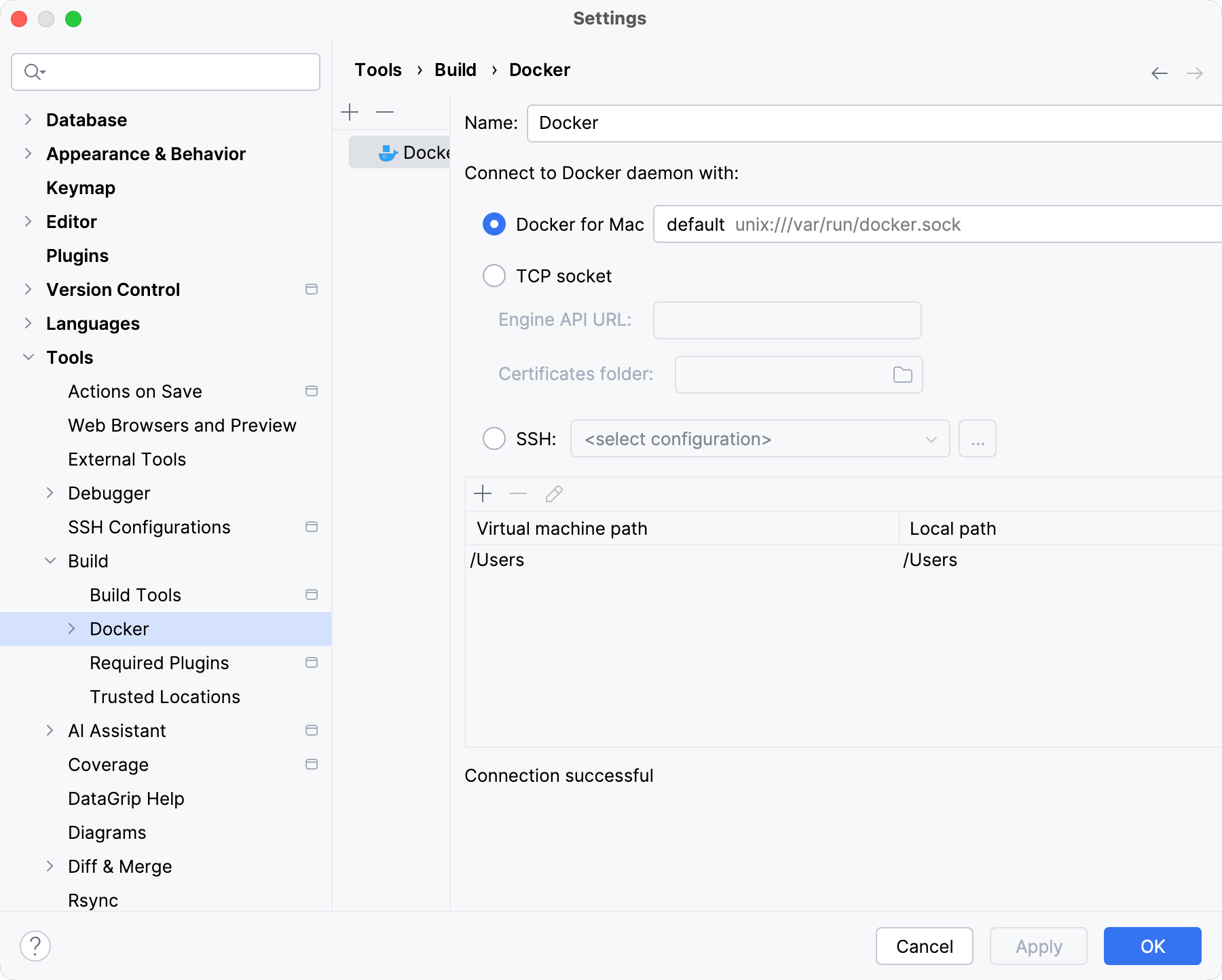 The Docker connection settings The Docker connection settings