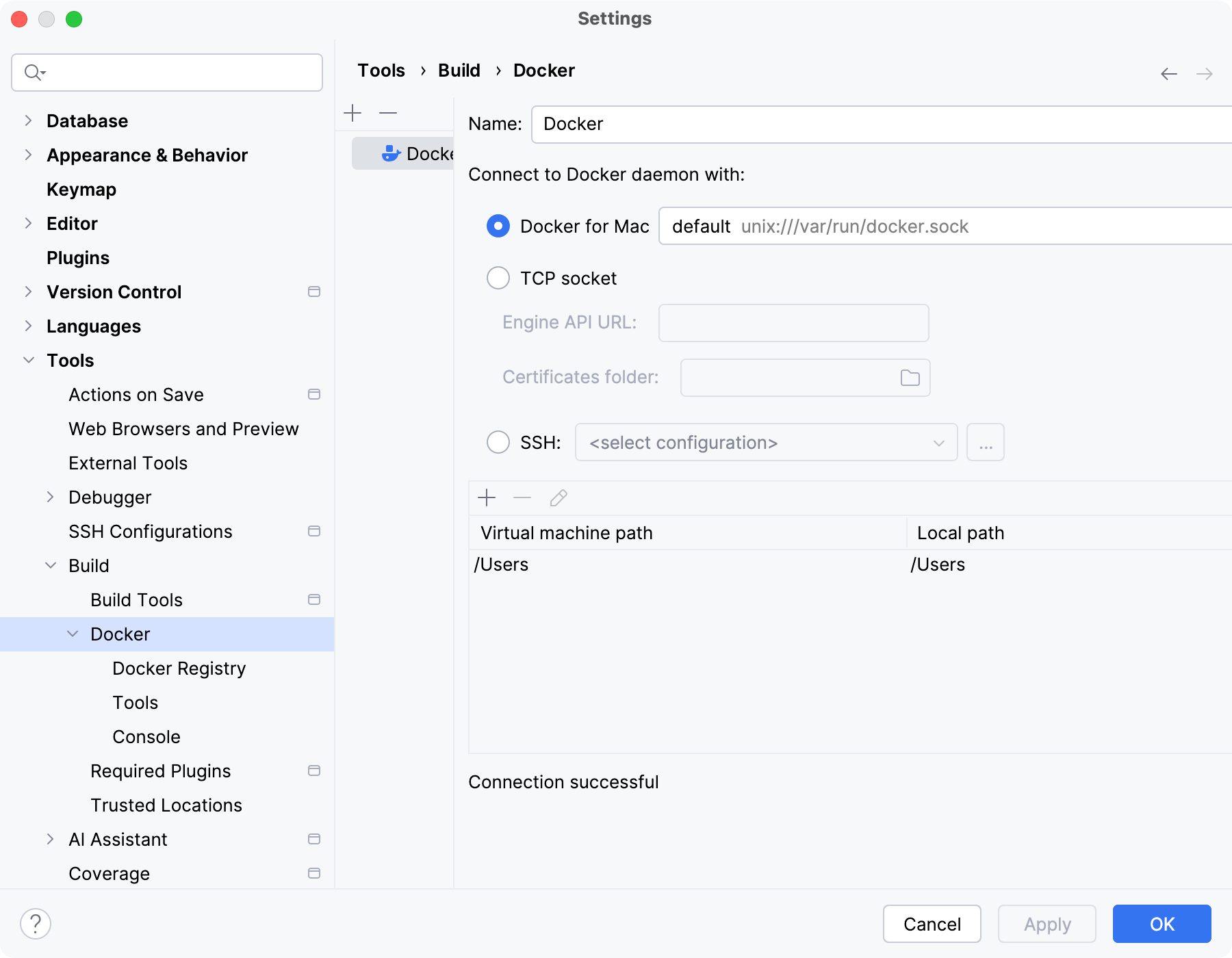 The Docker connection settings The Docker connection settings