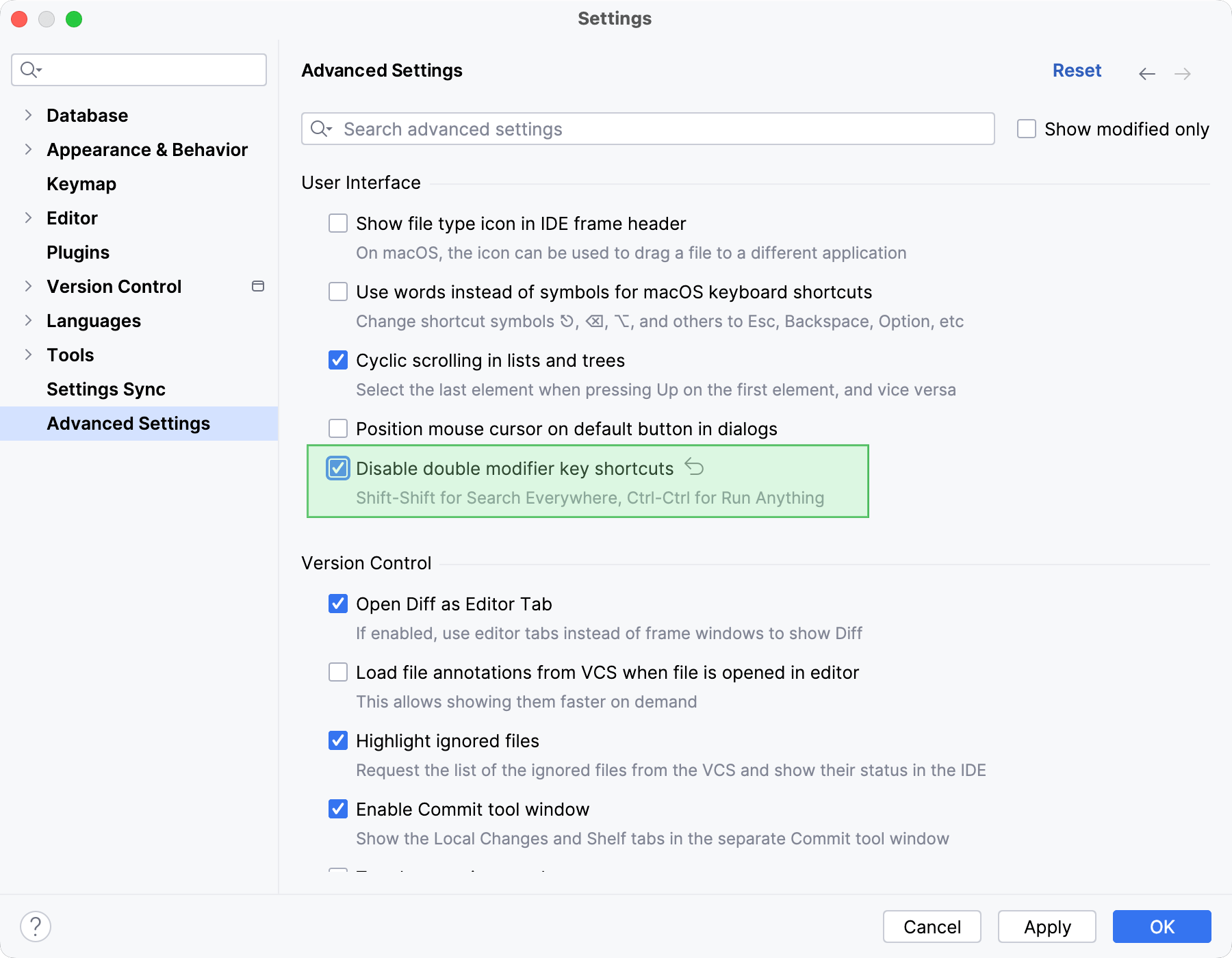 Disabling the double-key shortcuts Disabling the double-key shortcuts