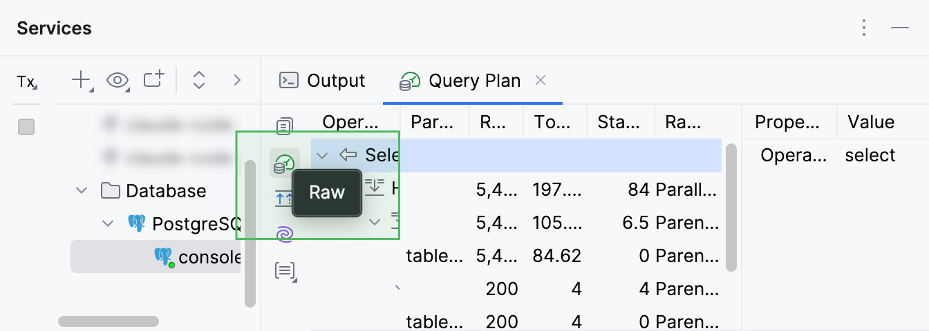 The Raw button on the left toolbar of the Query Plan tab The Raw button on the left toolbar of the Query Plan tab