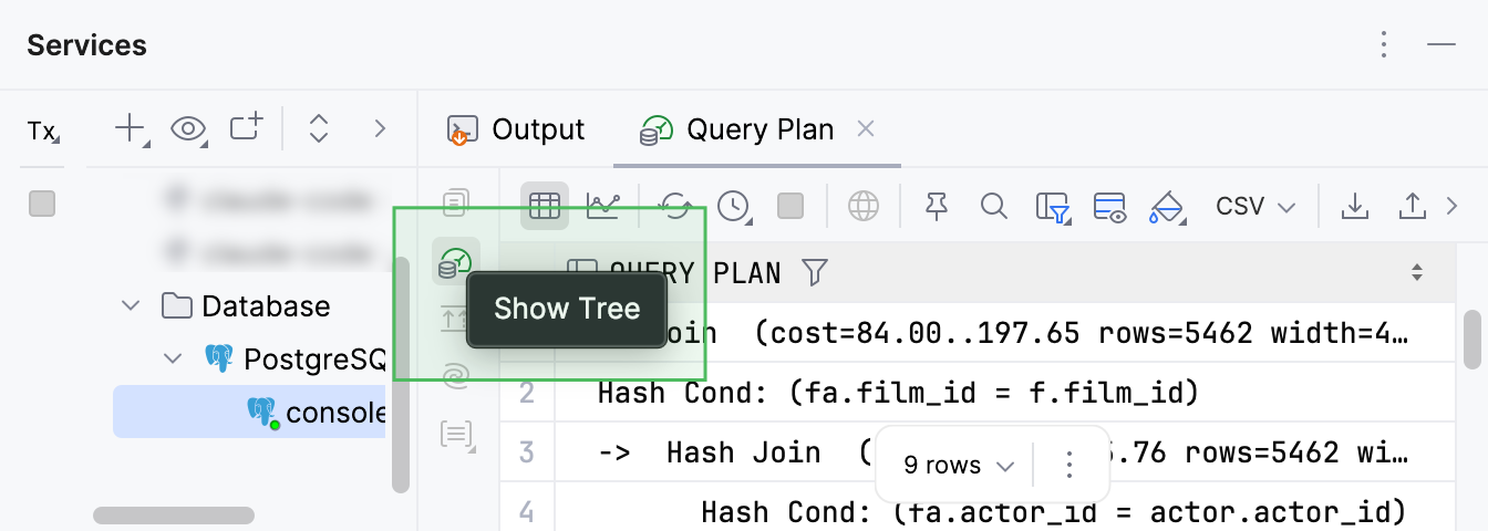 The Show Tree button on the left toolbar of the Query Plan tab The Show Tree button on the left toolbar of the Query Plan tab
