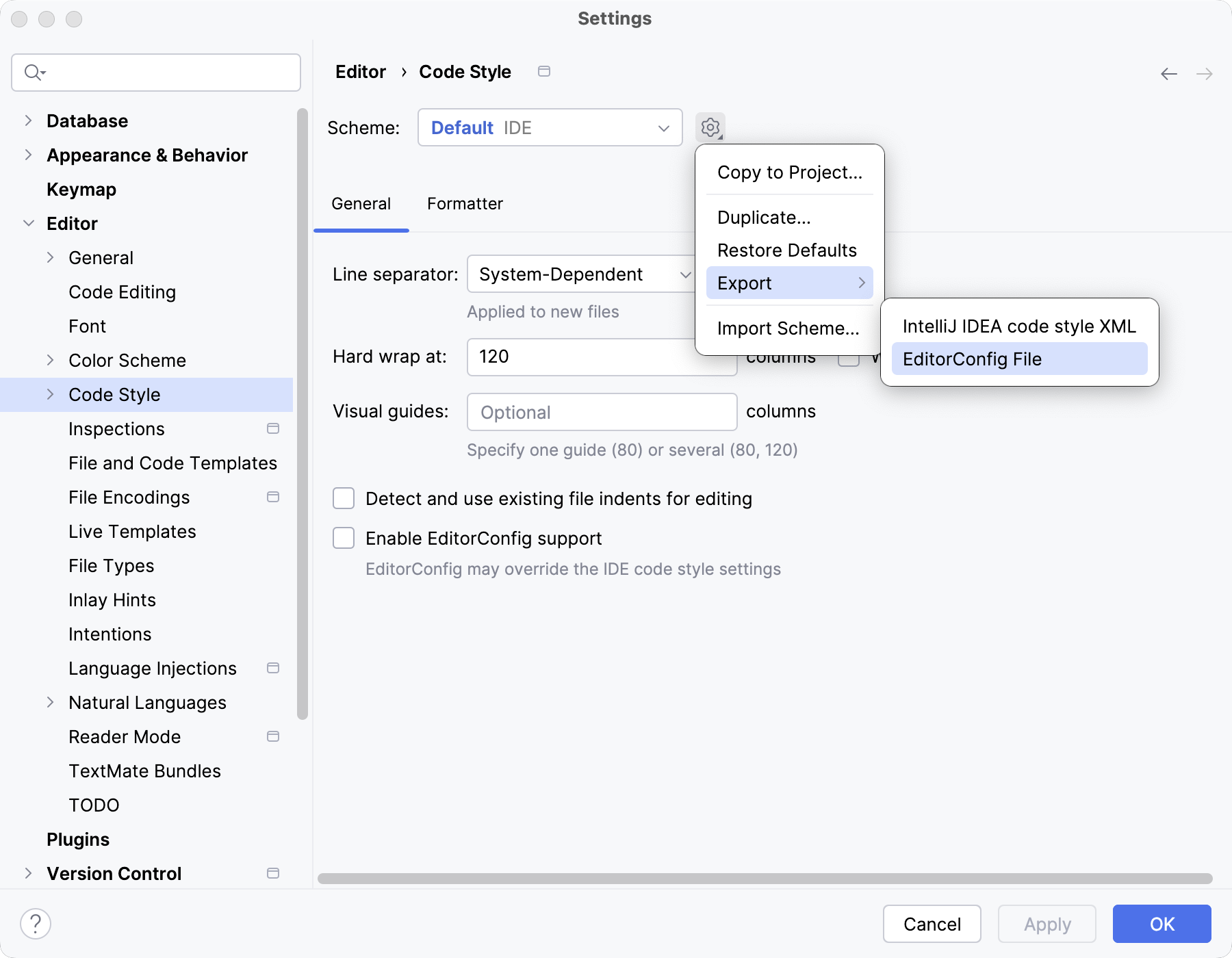 Exporting code style settings as .editorconfig file