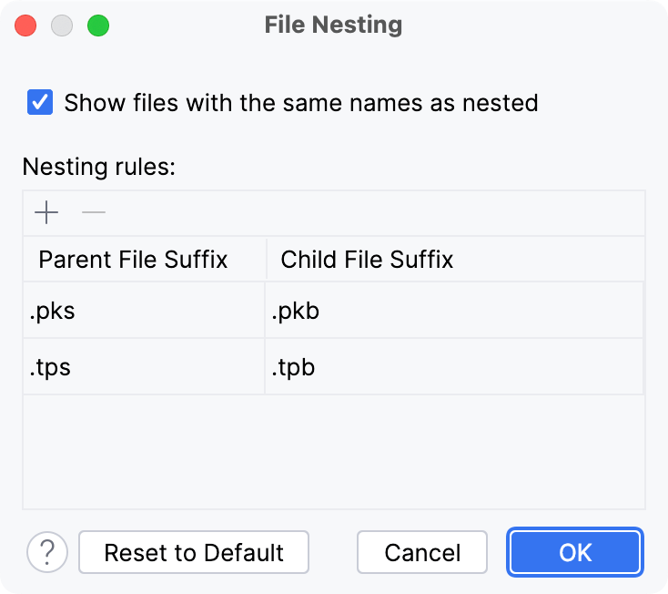 the File Nesting dialog the File Nesting dialog