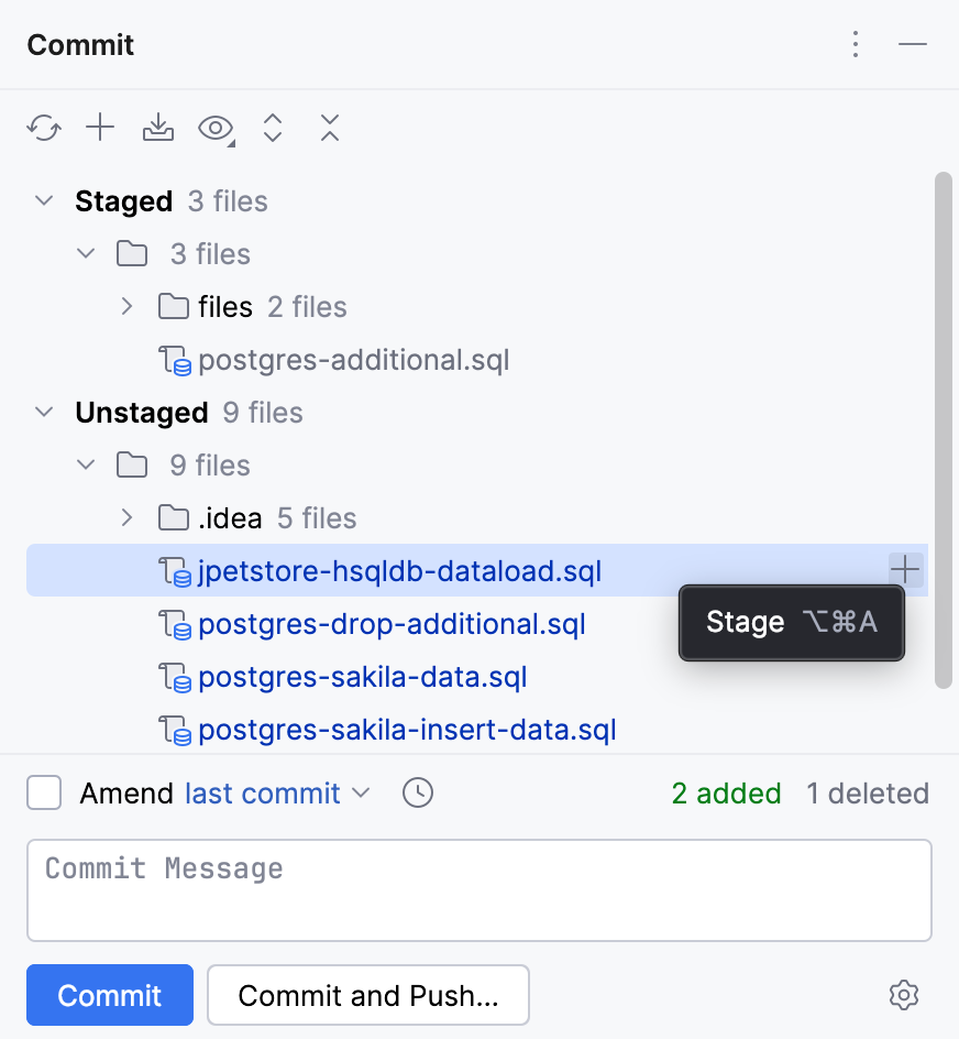 Stage an entire file from the Commit tool window Stage an entire file from the Commit tool window