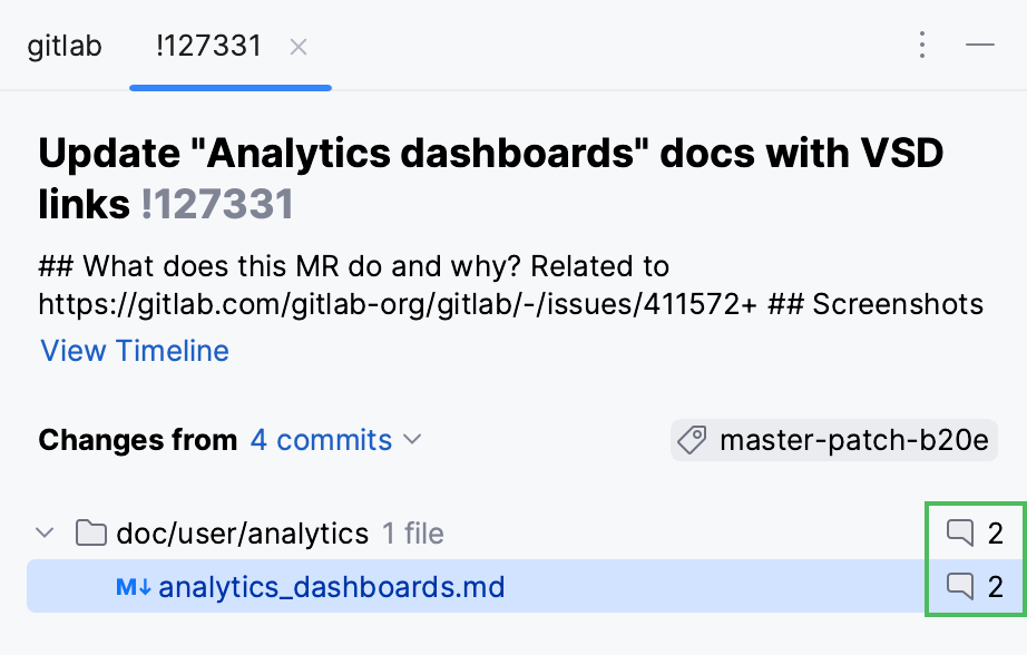 Commented files in the Merge Requests tool window Commented files in the Merge Requests tool window