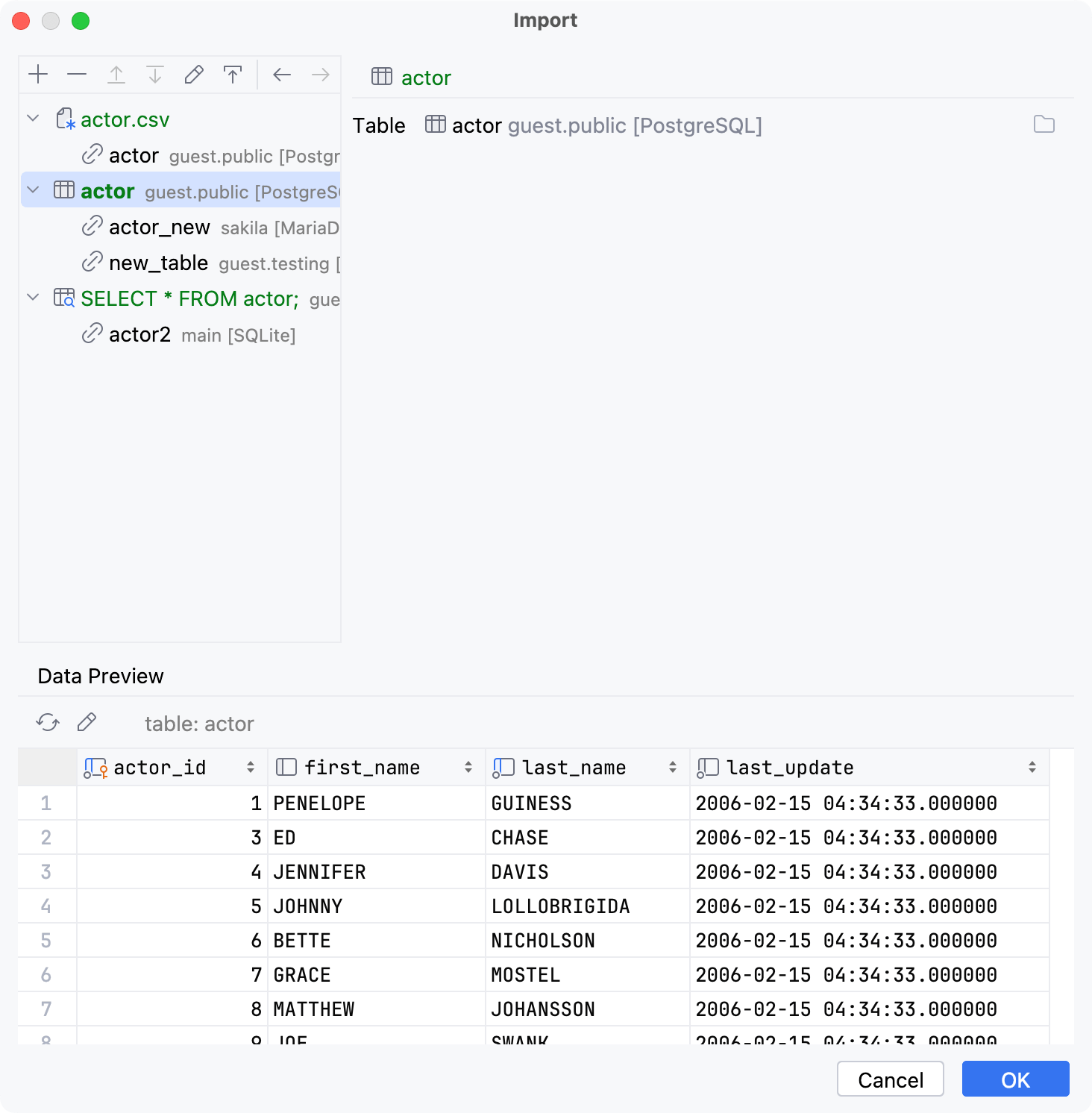 Import dialog: Table Source settings Import dialog: Table Source settings