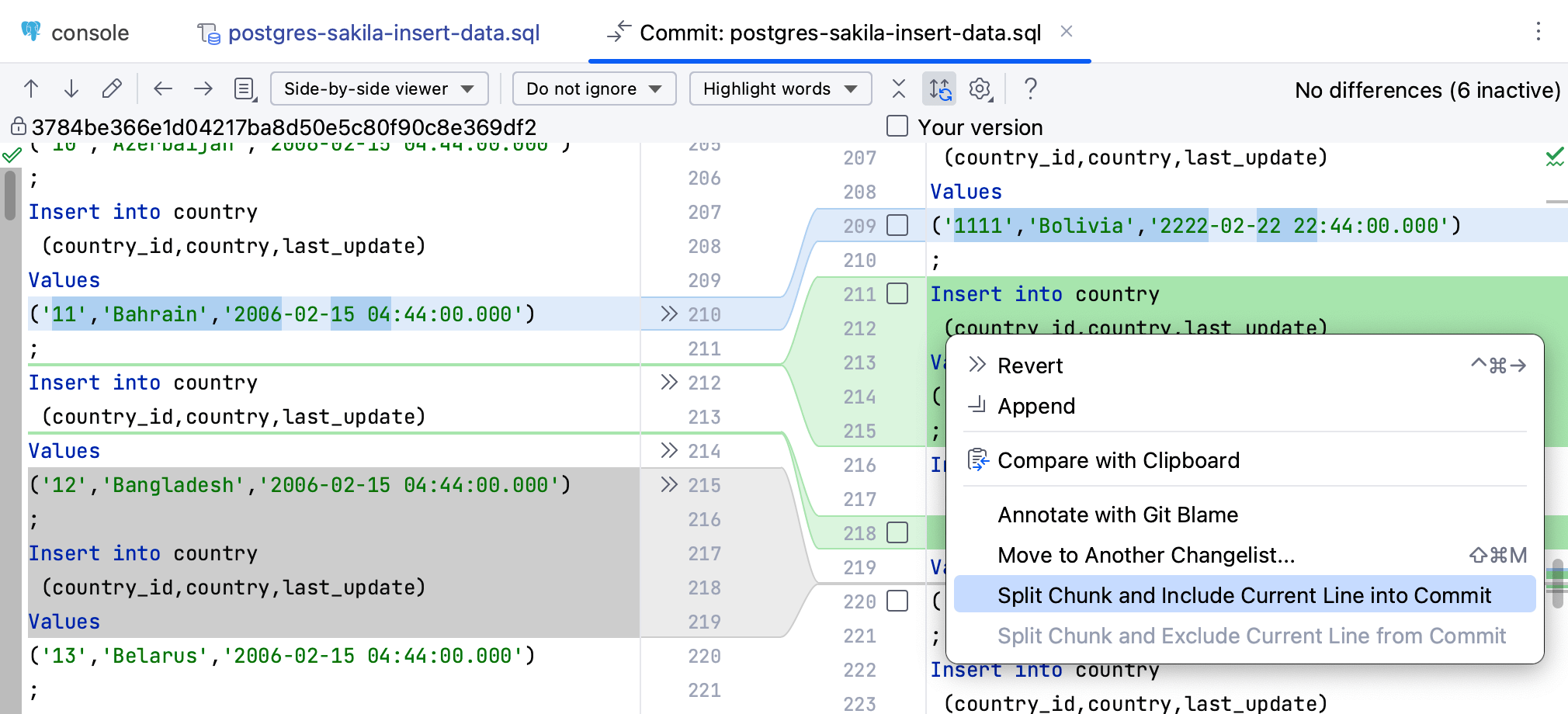 DataGrip: An option to include the current line in commit in the context menu DataGrip: An option to include the current line in commit in the context menu