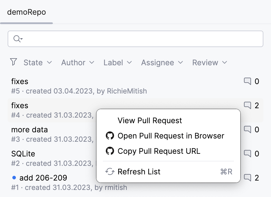 GitHub Pull Requests tool window GitHub Pull Requests tool window