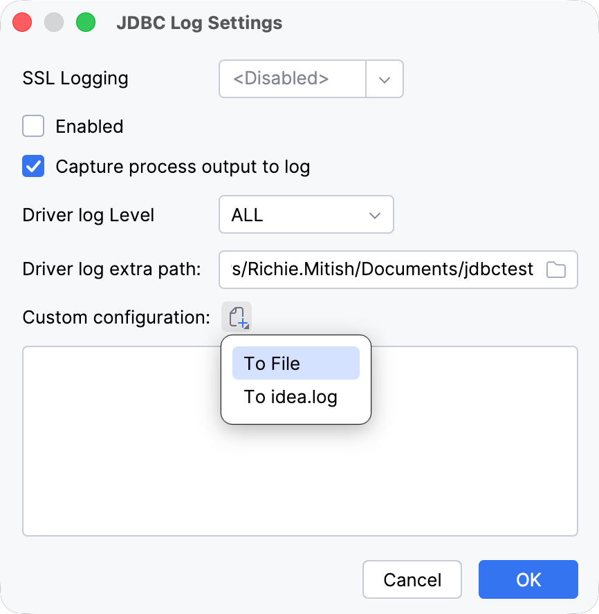 Manage the JDBC log settings Manage the JDBC log settings