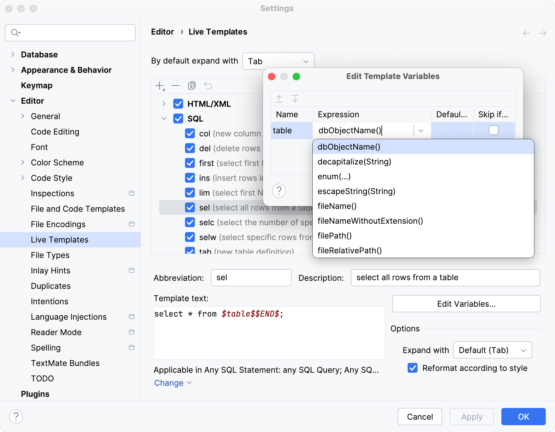 Live template variables Live template variables