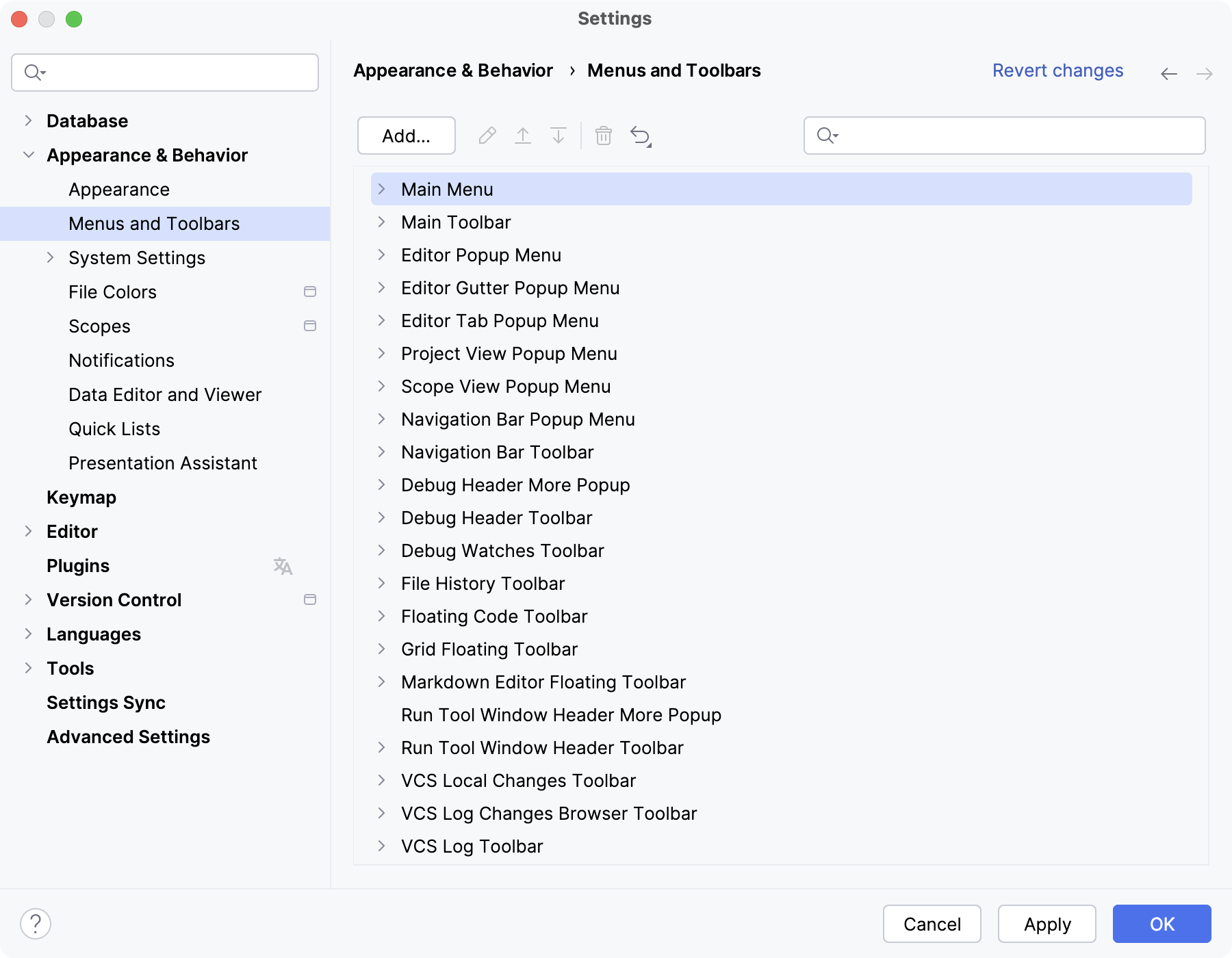 The Menus and Toolbars settings page The Menus and Toolbars settings page