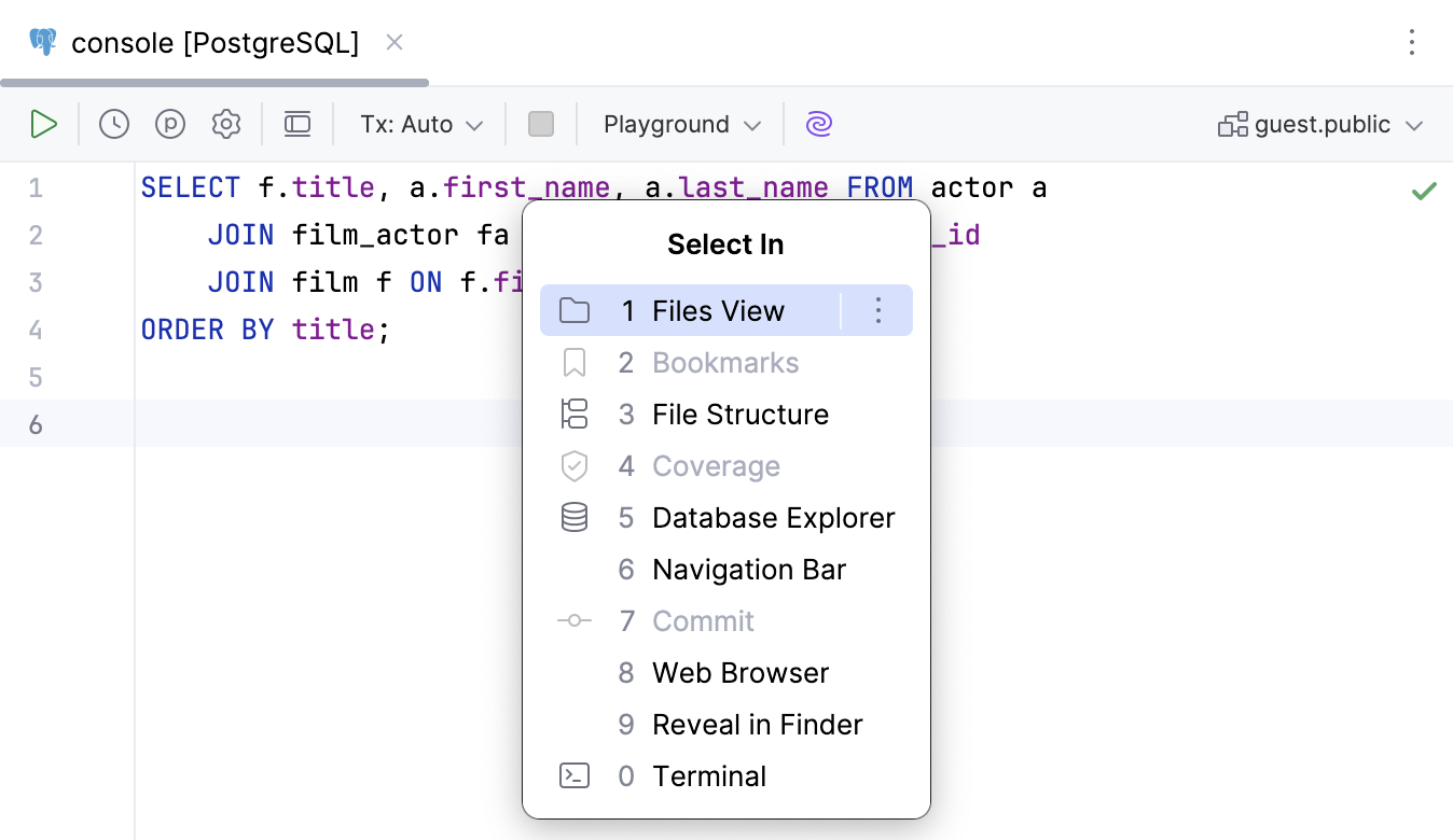 Navigate to a query console from the Select In window Navigate to a query console from the Select In window