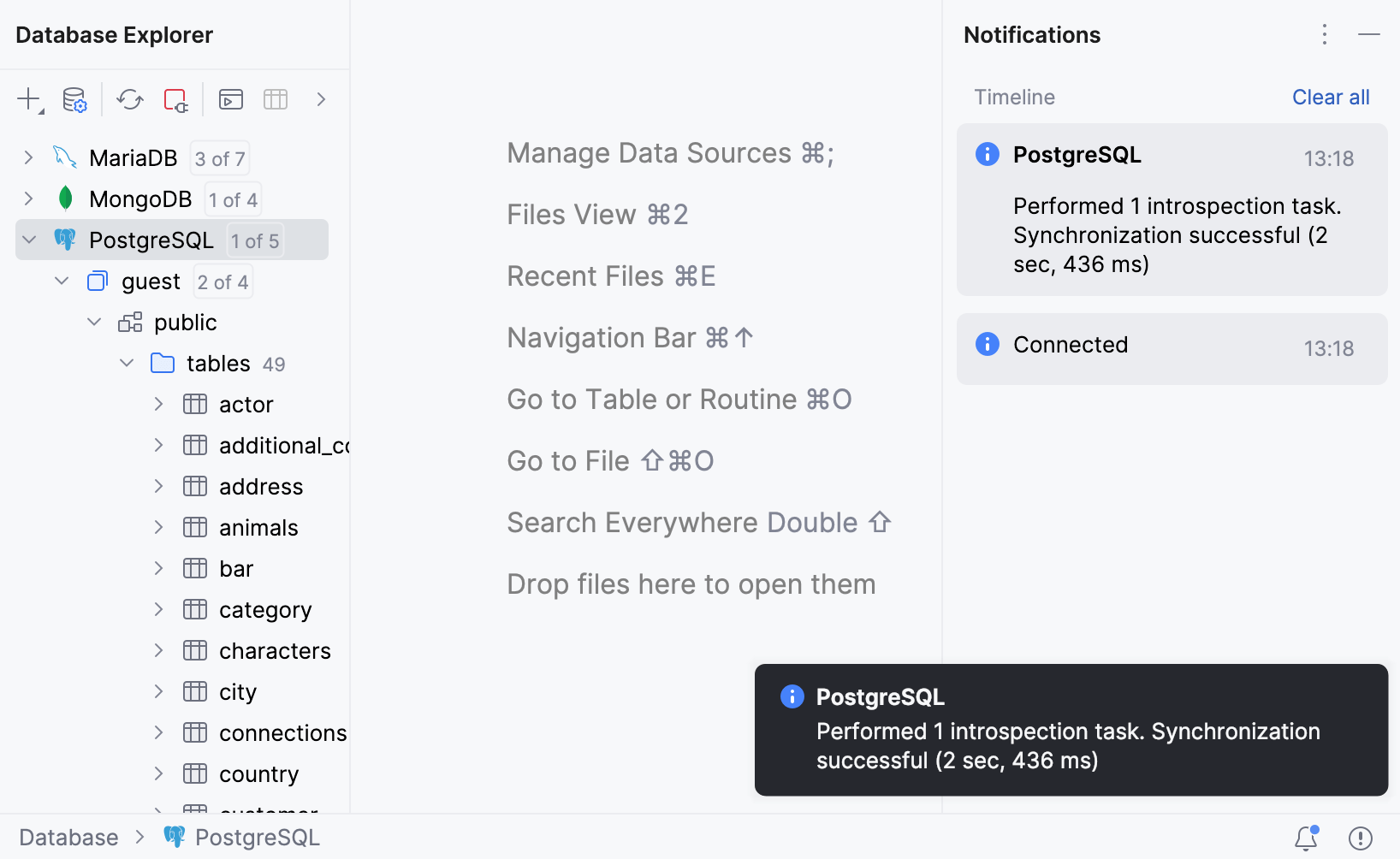 Notification balloon reporting successful PostgreSQL introspection and synchronization in the bottom right corner of DataGrip Notification balloon reporting successful PostgreSQL introspection and synchronization in the bottom right corner of DataGrip
