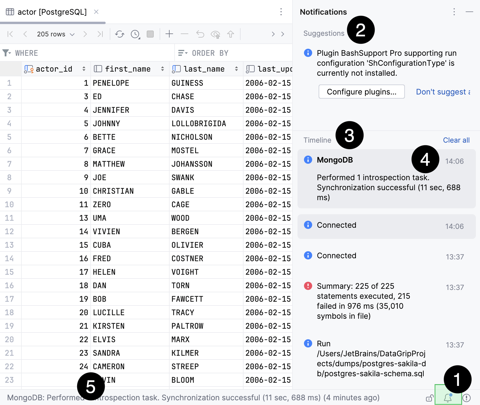 Notifications tool window in DataGrip with Suggestions for plugin installation and Timeline showing database sync and connection events Notifications tool window in DataGrip with Suggestions for plugin installation and Timeline showing database sync and connection events