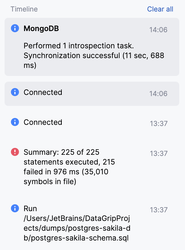 Timeline area showing database events: MongoDB sync, connection statuses, an execution error summary, and a script run Timeline area showing database events: MongoDB sync, connection statuses, an execution error summary, and a script run