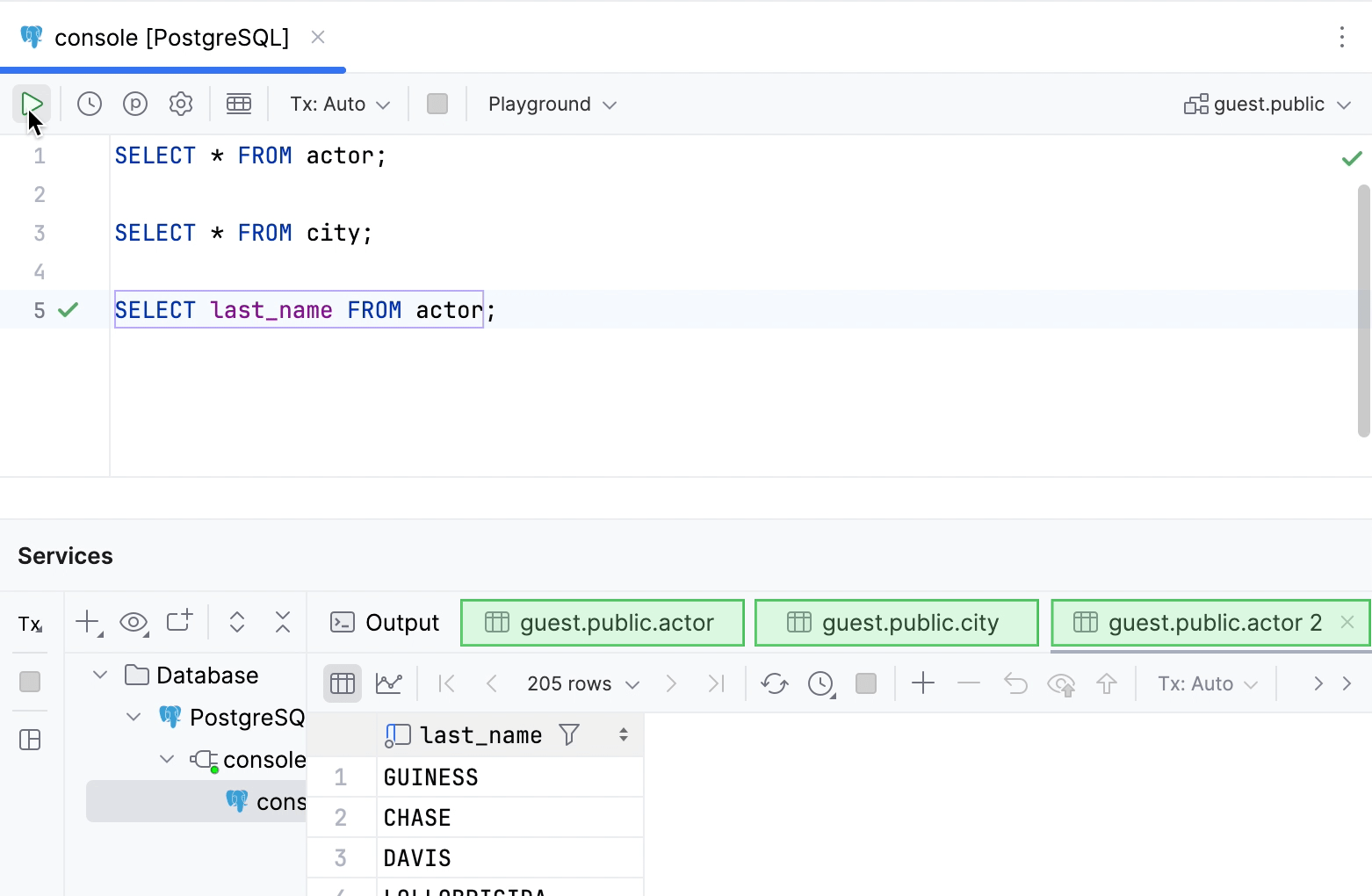 The results of the SELECT statements in the result tabs of Services tool window The results of the SELECT statements in the result tabs of Services tool window