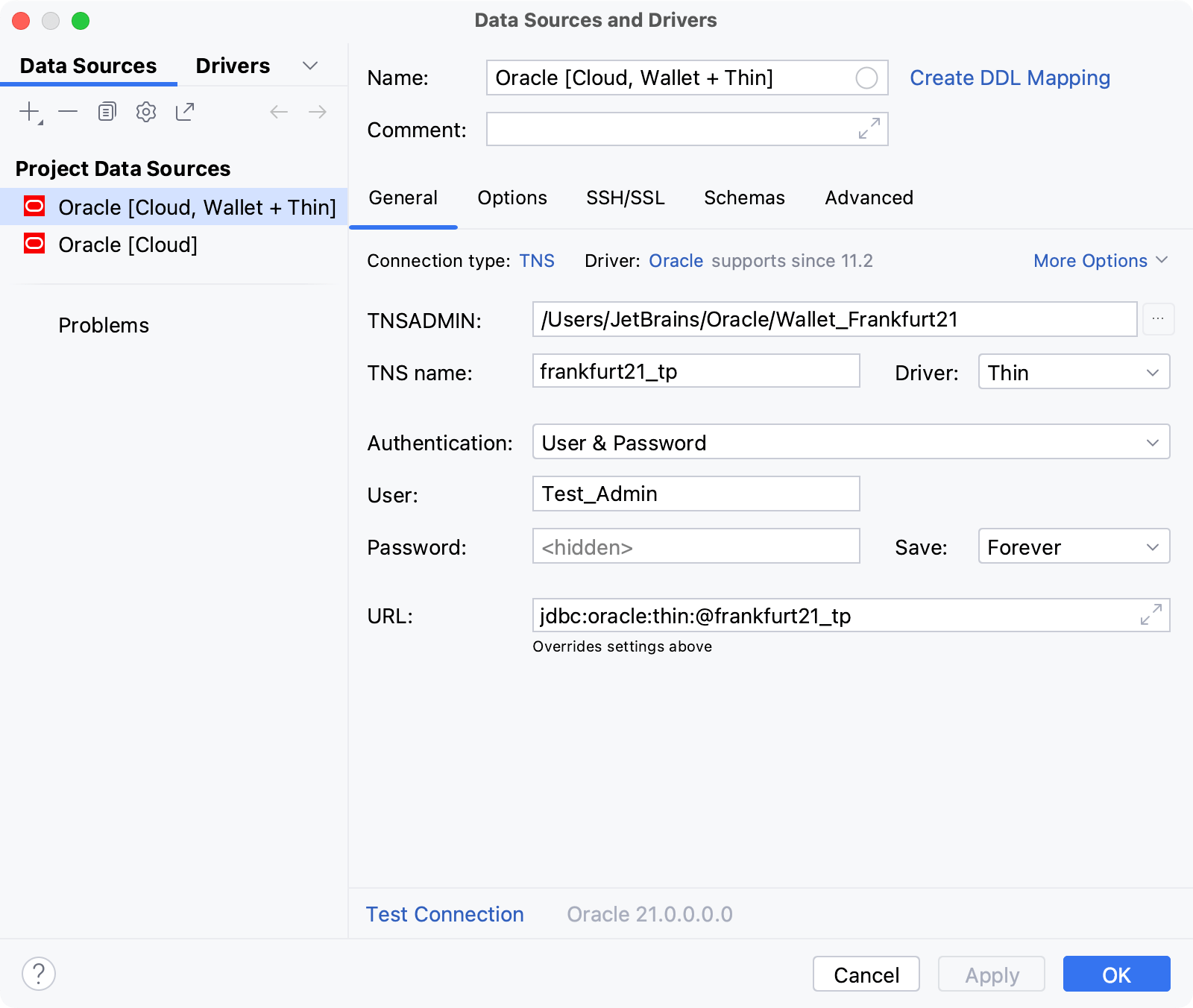 Data source for connections to Oracle Cloud using wallets and Thin driver Data source for connections to Oracle Cloud using wallets and Thin driver