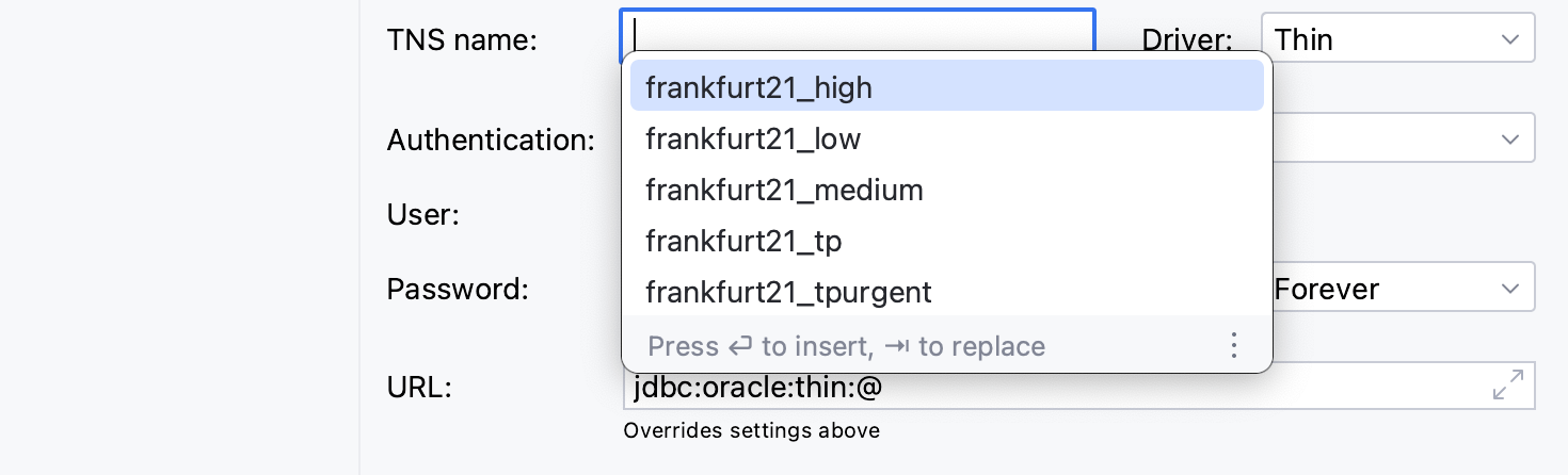 Automatic completion for the TNS name field in the data source settings Automatic completion for the TNS name field in the data source settings