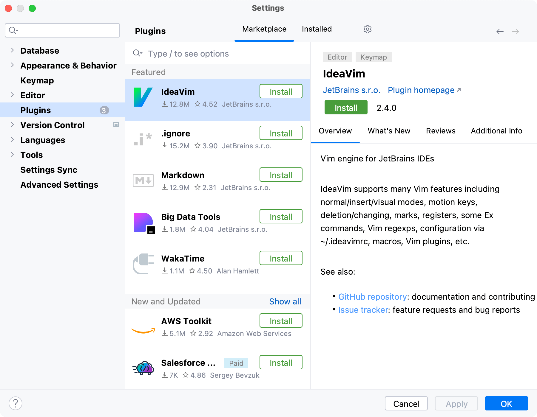 Plugins settings, Marketplace tab with Featured plugins; IdeaVim plugin selected with its overview and Install button. Plugins settings, Marketplace tab with Featured plugins; IdeaVim plugin selected with its overview and Install button.