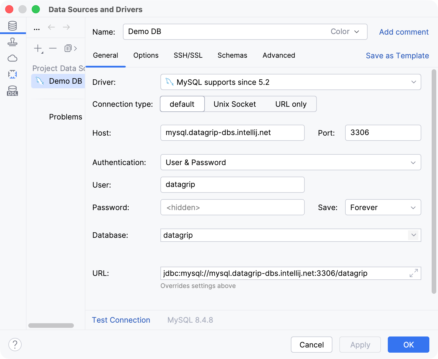 Settings of a new data source in the Data Source and Drivers dialog