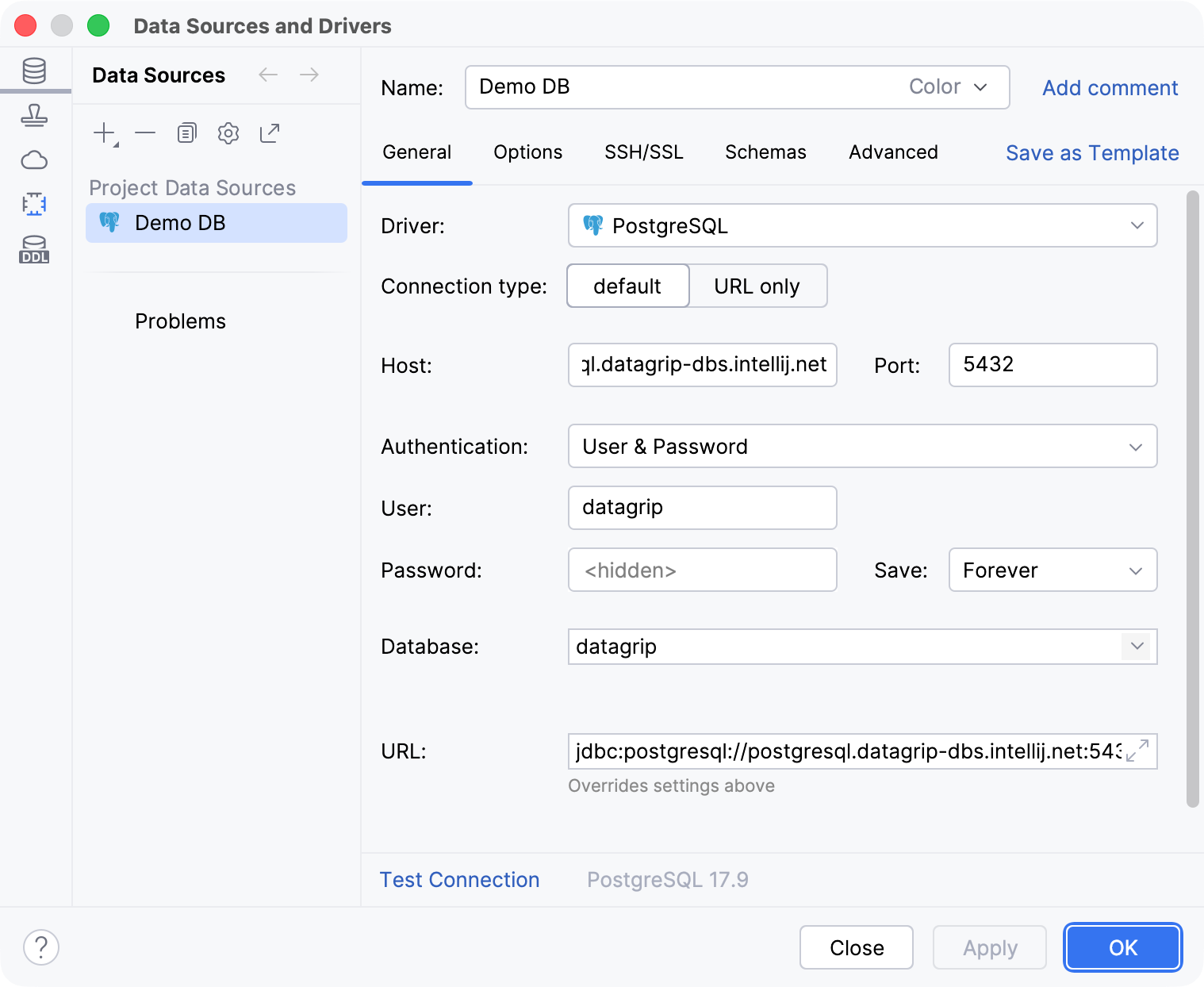 Settings of a new data source in the Data Source and Drivers dialog