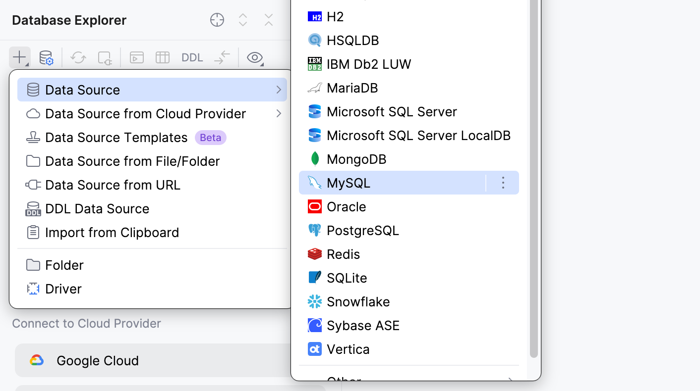 Select the mysql% data source