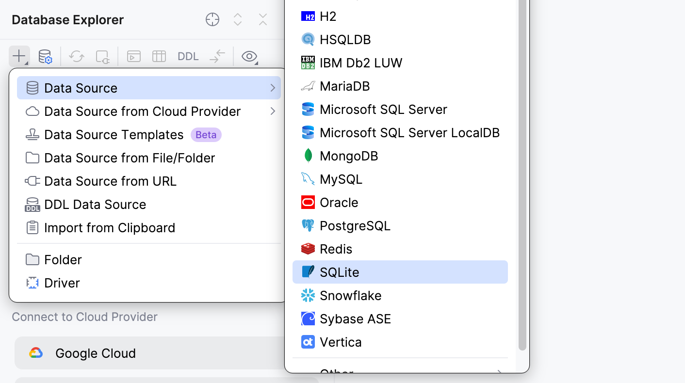 Select the sqlite% data source