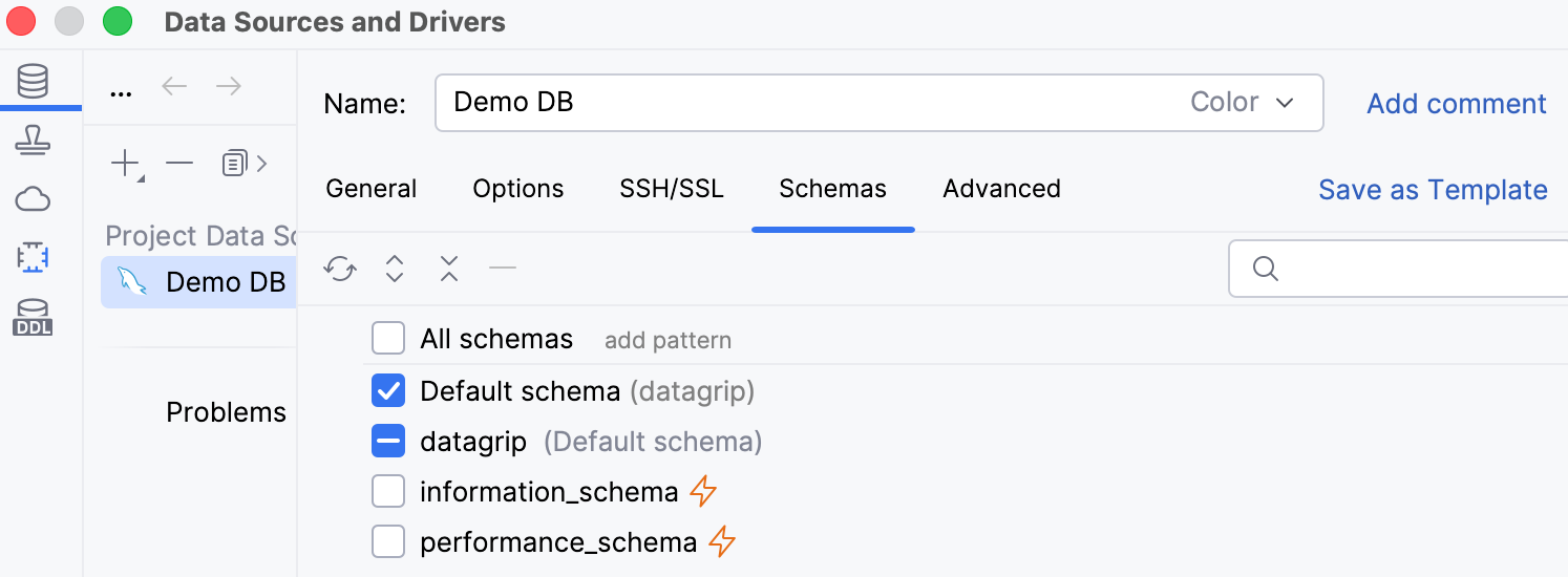 Selecting schemas to display in the Data Source and Drivers dialog