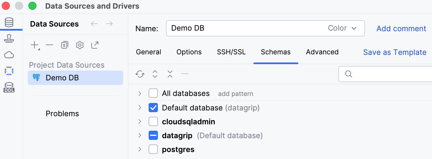 Selecting schemas to display in the Data Source and Drivers dialog