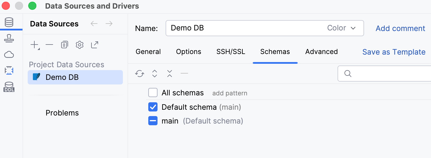 Selecting schemas to display in the Data Source and Drivers dialog