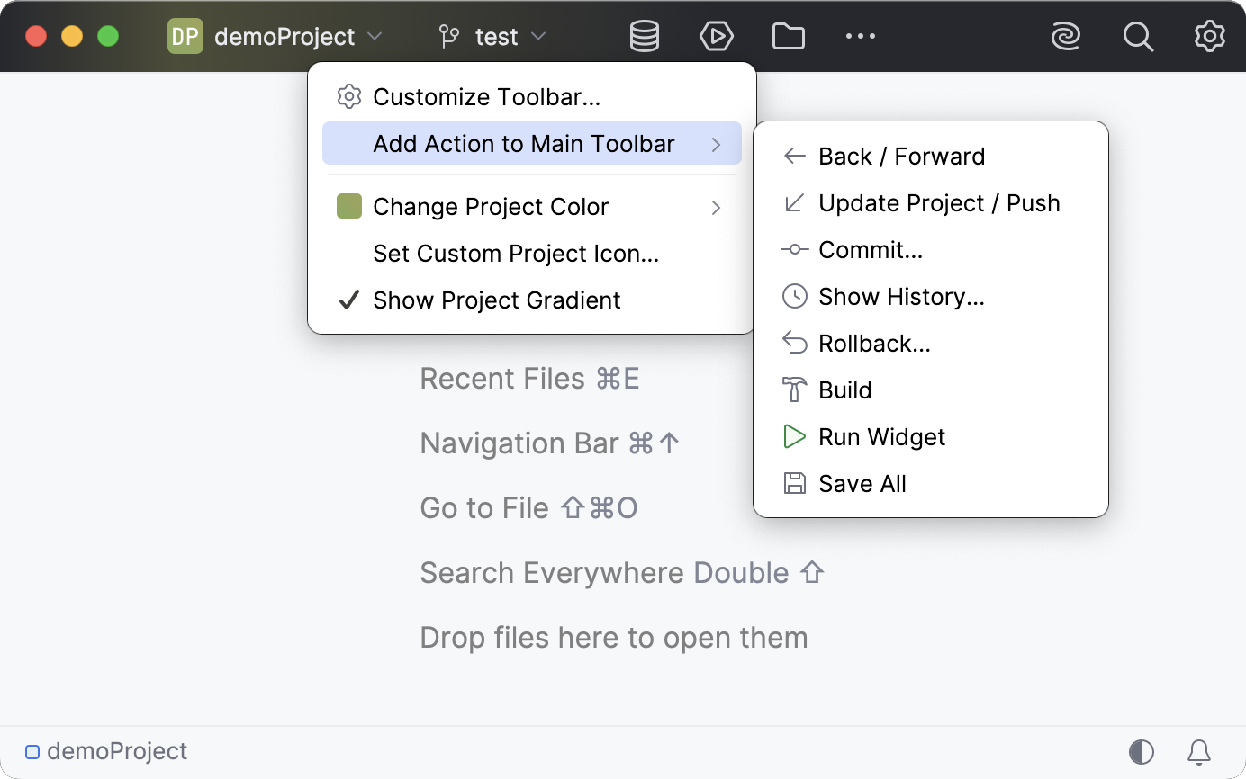 Adding actions to main toolbar Adding actions to main toolbar