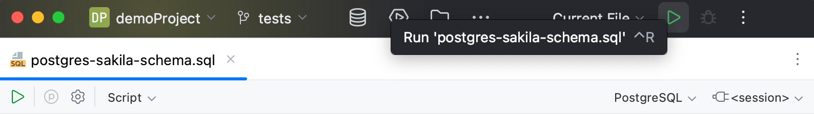 Running a single file from the toolbar Running a single file from the toolbar