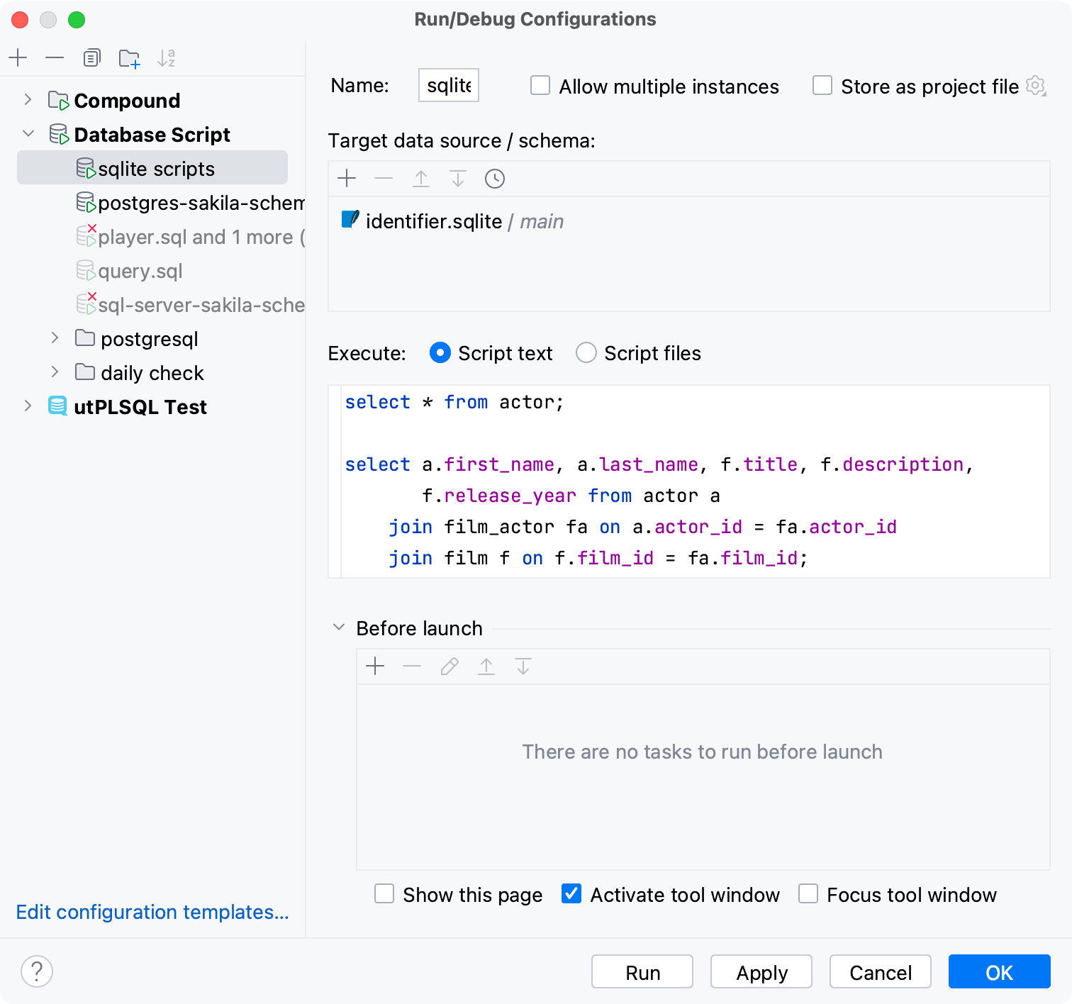Run script text by using run/debug configurations Run script text by using run/debug configurations