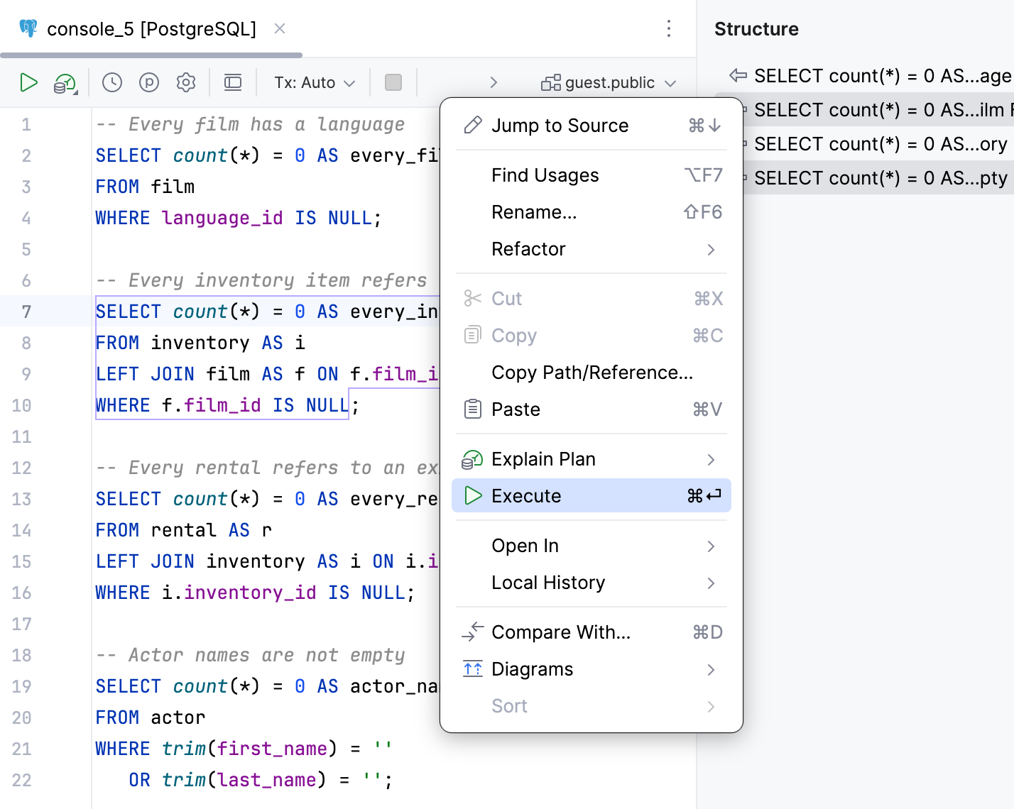 Run statements from the Structure tool window