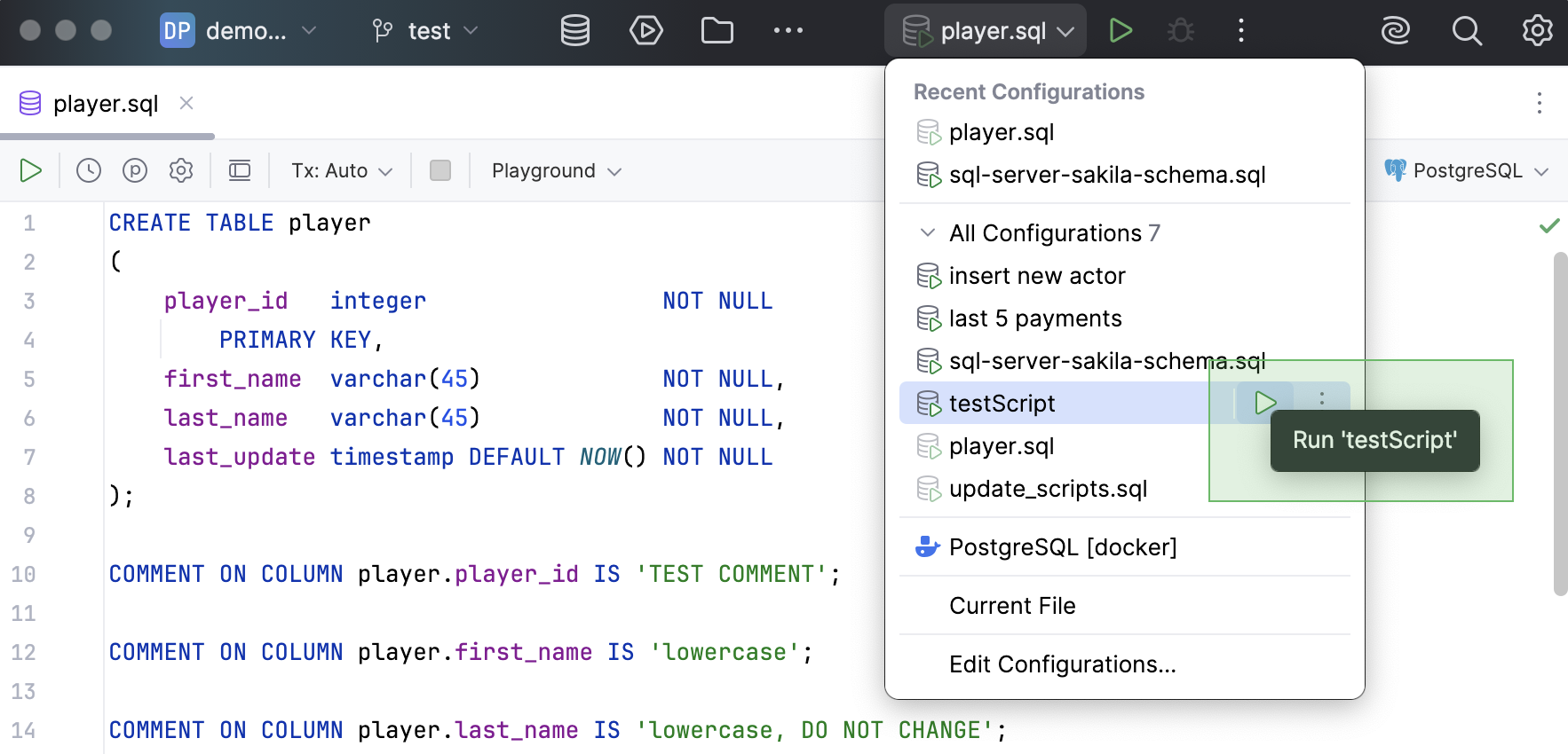 'Run' button near a run configuration in the Run widget menu 'Run' button near a run configuration in the Run widget menu